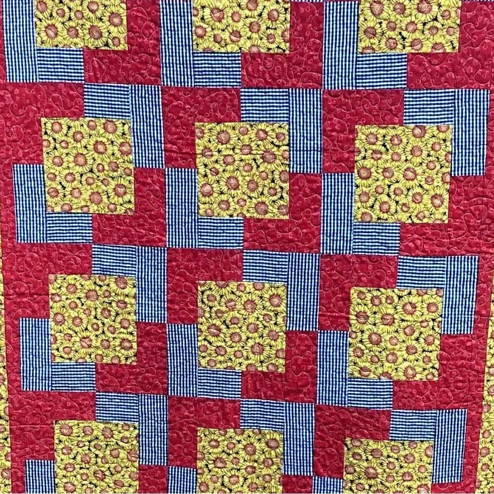 Handmade Sunflower Patchwork Quilt - Yellow Red with black and white checkered